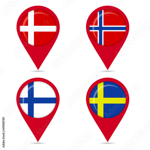 Map pin icons of national flags of Scandinavian countries