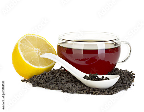 cup of tea with lemon and black tea isolated on white background
