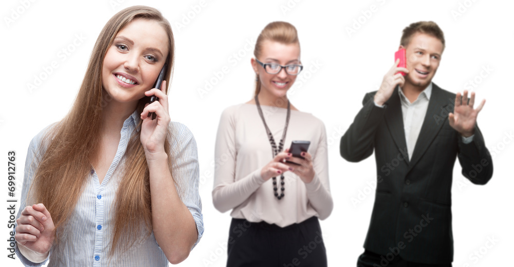 happy smiling business people calling by mobile telephone happy smiling business people calling by mobile telephone