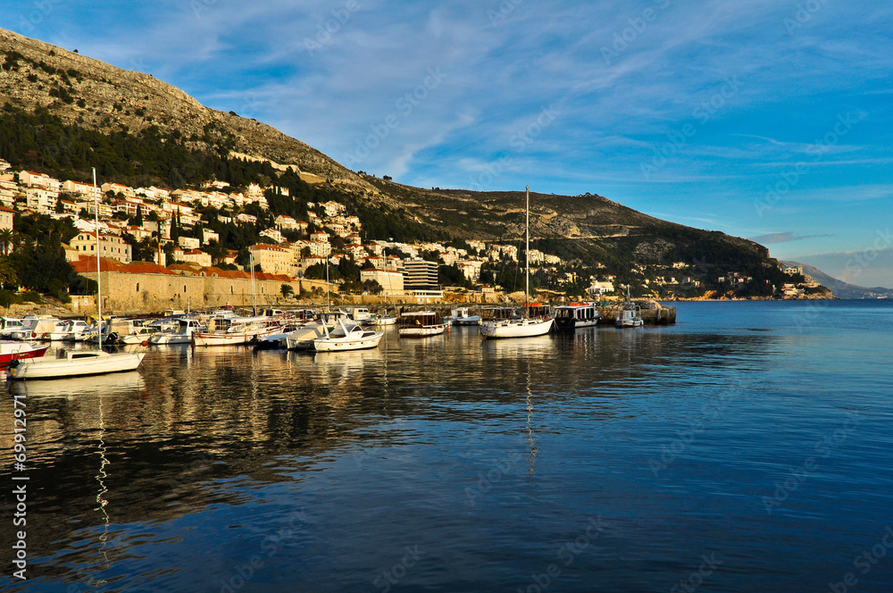 Boats Docked in the Harbor of Dubrovnik Town