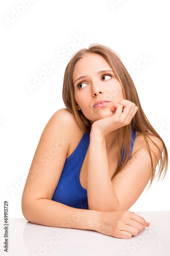 Girl thinking over white
