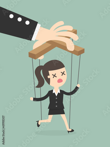 Business woman marionette on ropes controlled hand