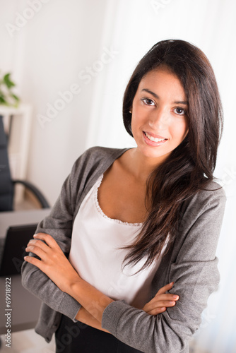cheerful young business woman real estate visit house sale rent