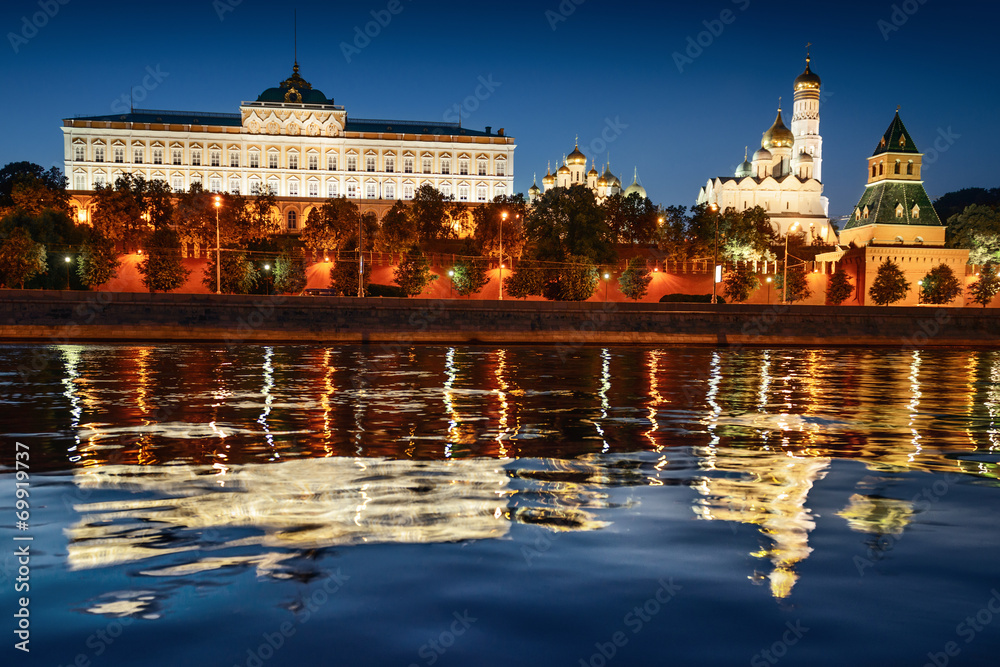 View of Moscow Kremlin from embankment at night
