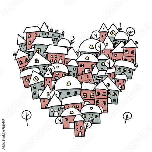 Winter city of love, heart shape sketch for your design