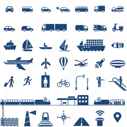 Transportation icons set - cars, ships, planes, trains