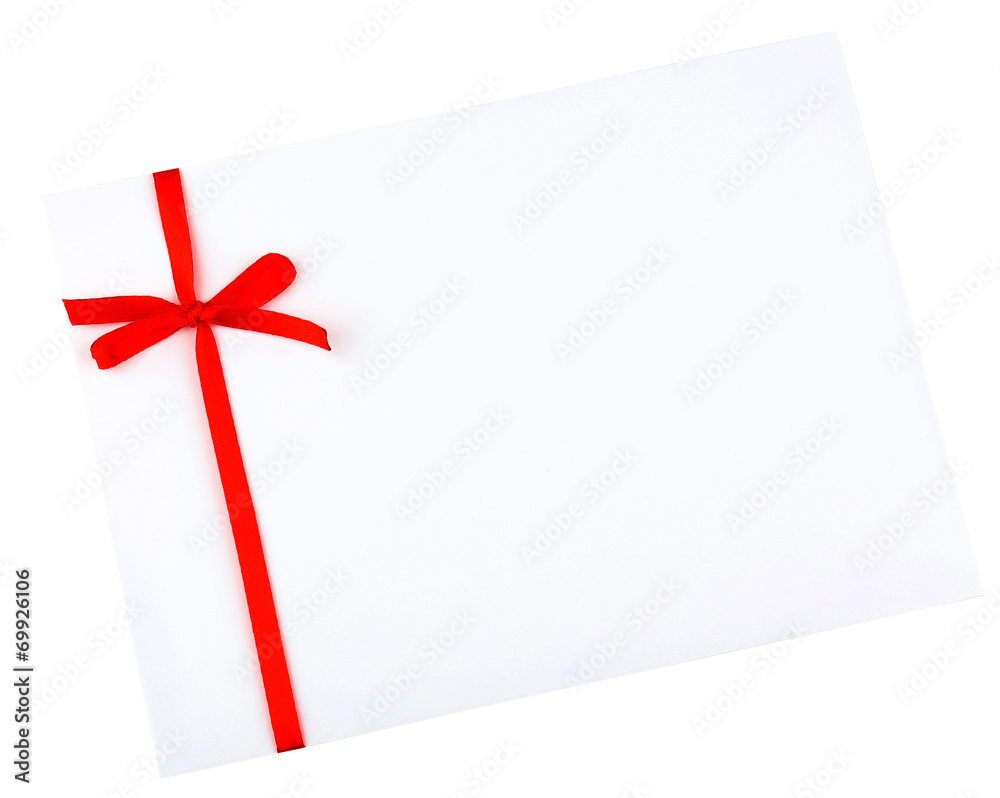 White envelope and red ribbon isolated on white White envelope and red ribbon isolated on white