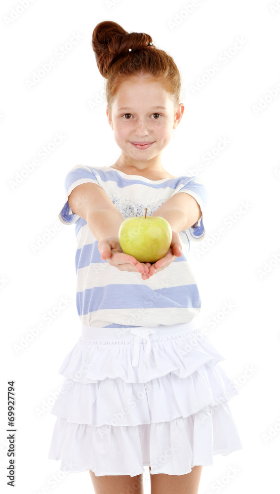 Beautiful little girl holding apple isolated on white Beautiful little girl holding apple isolated on white