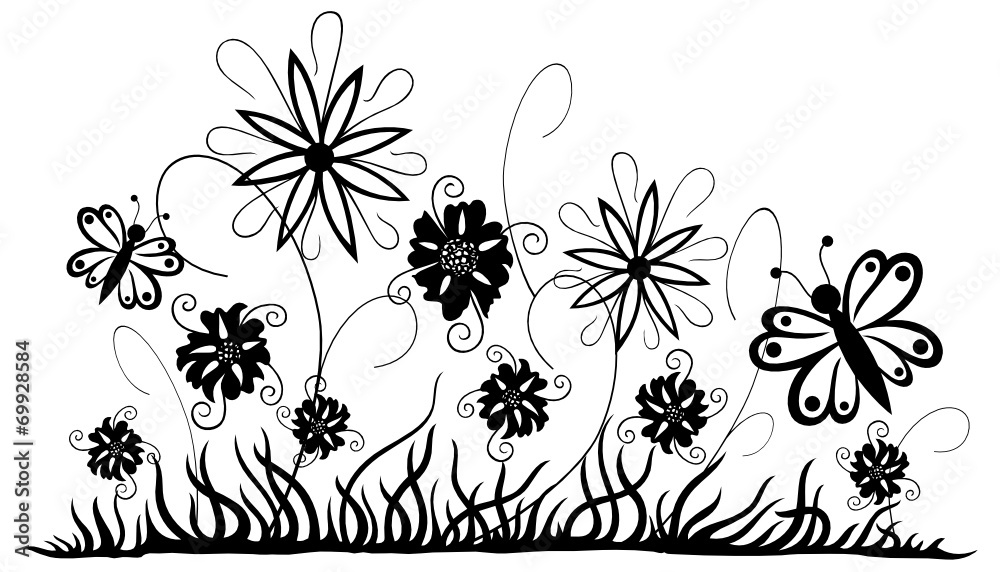 Filigrane Blumenwiese mit Blumen und Schmetterlingen. Sommer.