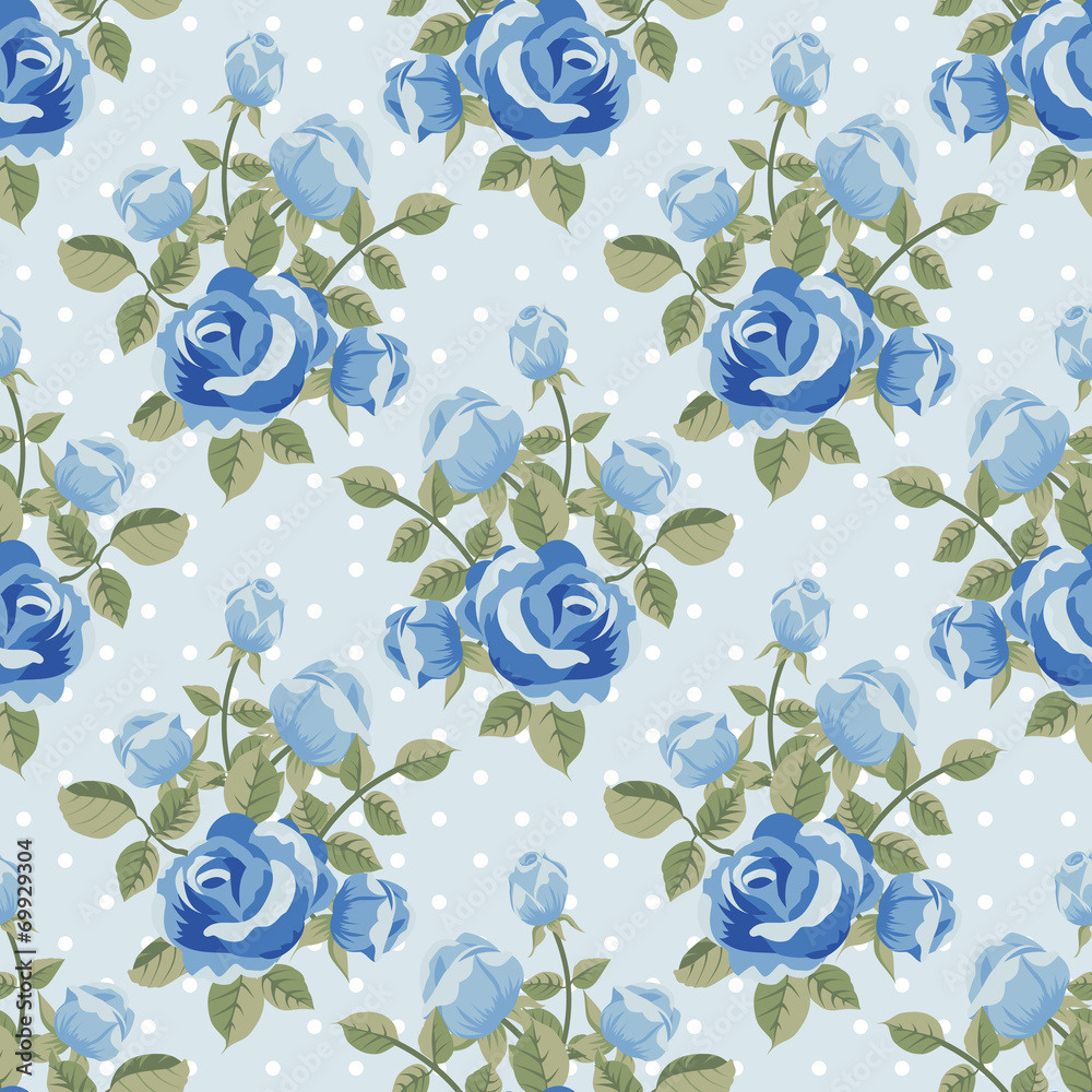 Seamless pattern with blue roses - obrazy, fototapety, plakaty 
