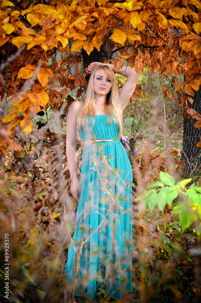 Young beautiful woman in a romantic autumn scenery
