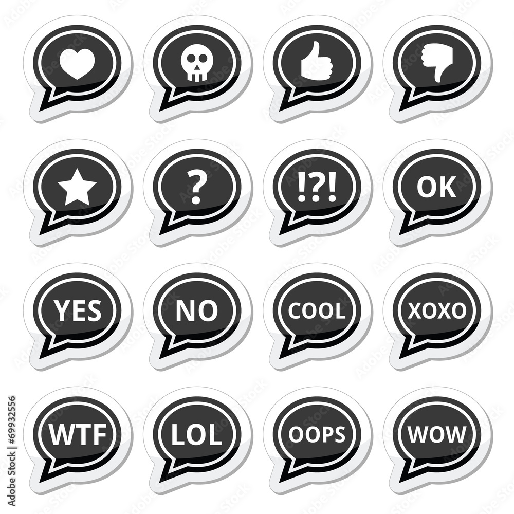 Speech bubble emotion icons - love, like, anger, wtf, lol, ok Speech bubble emotion icons - love, like, anger, wtf, lol, ok