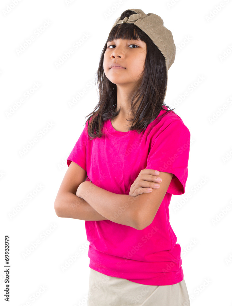 Young preteen Asian girl with a cap over white background Young preteen Asian girl with a cap over white background