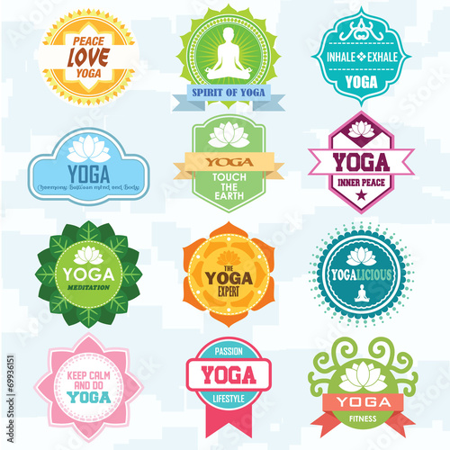 Set of yoga and meditation badge graphics and logo symbols. Vect