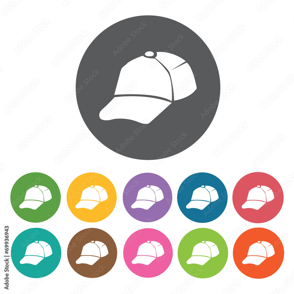Baseball cap icons set. Round colourful 12 buttons. Vector illus