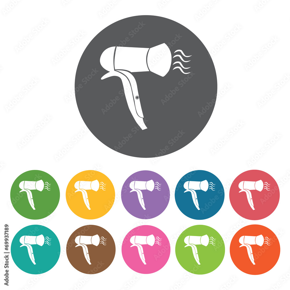 Hair blower icons set. Round colourful 12 buttons. Vector illust Hair blower icons set. Round colourful 12 buttons. Vector illust