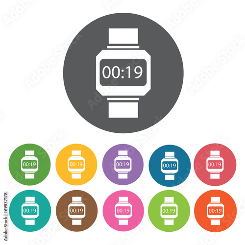 Digital wrist watch icons set. Round colourful 12 buttons. Vecto