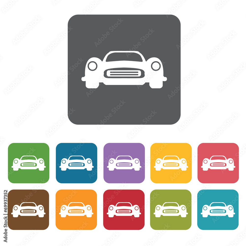 Ancient car front view icons set. Rectangle colourful 12 buttons Ancient car front view icons set. Rectangle colourful 12 buttons
