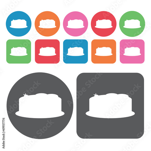 Simple cake icons set. Round and rectangle colourful 12 buttons.