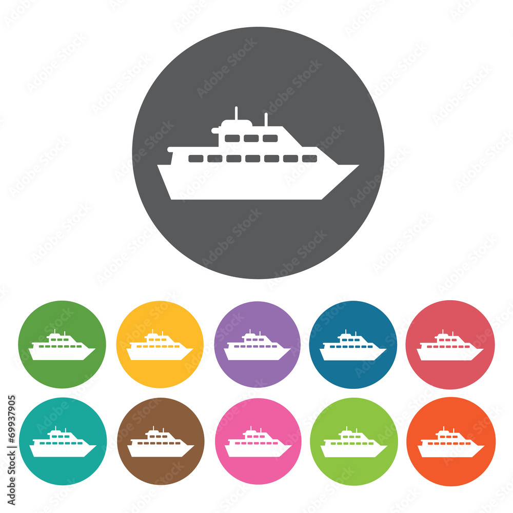 Ferry boat icons set. Round colourful 12 buttons. Vector illustr