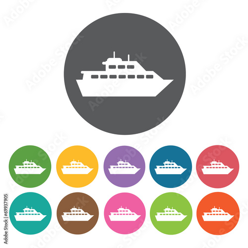 Ferry boat icons set. Round colourful 12 buttons. Vector illustr