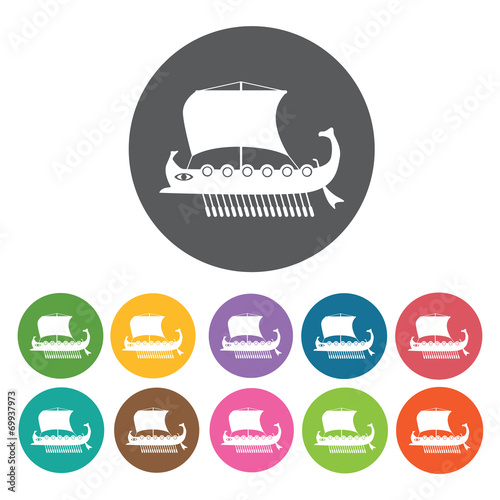 Old viking ship icons set. Round colourful 12 buttons. Vector il