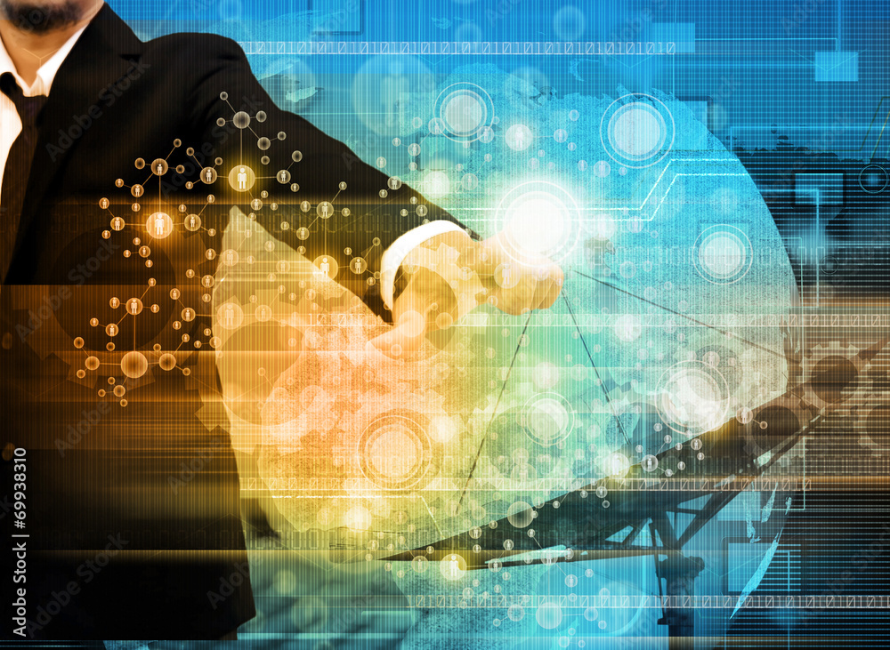 business man pushing a touch screen interface