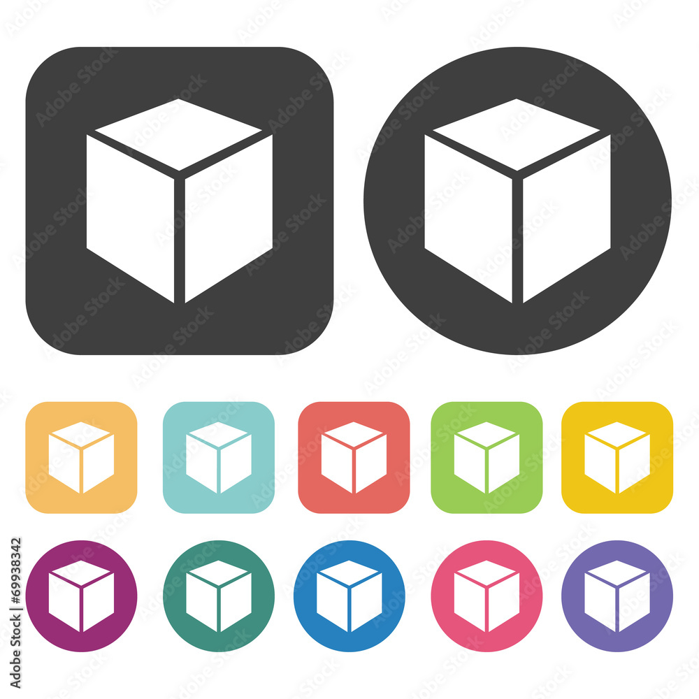 Closed box icons set. Round and rectangle colourful 12 buttons.