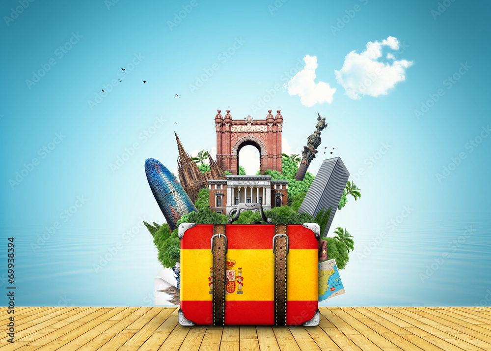 Fototapeta premium Spain, landmarks Madrid and Barcelona, travel suitcase