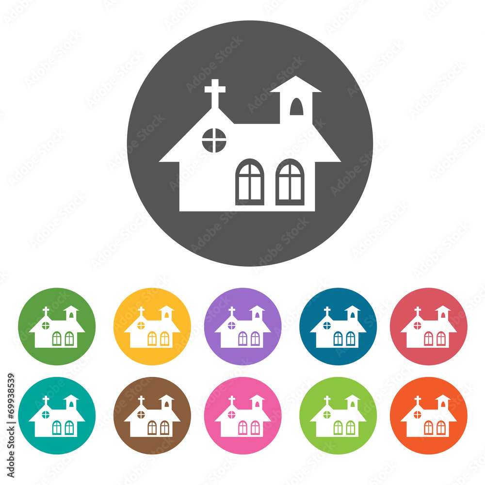 Church icons set. Round colourful 12 buttons. Vector illustratio Church icons set. Round colourful 12 buttons. Vector illustratio