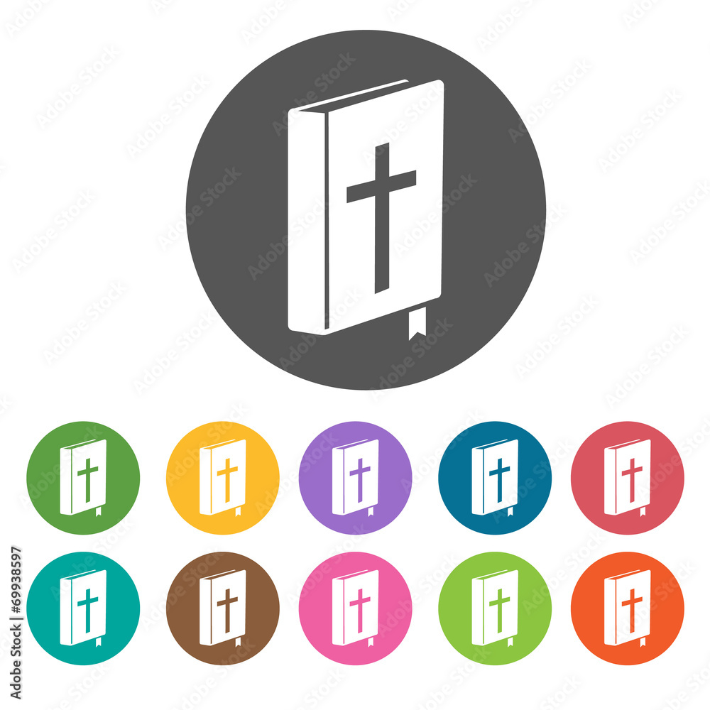 Fototapeta premium Holy bible with cross icons set. Round colourful 12 buttons. Vec
