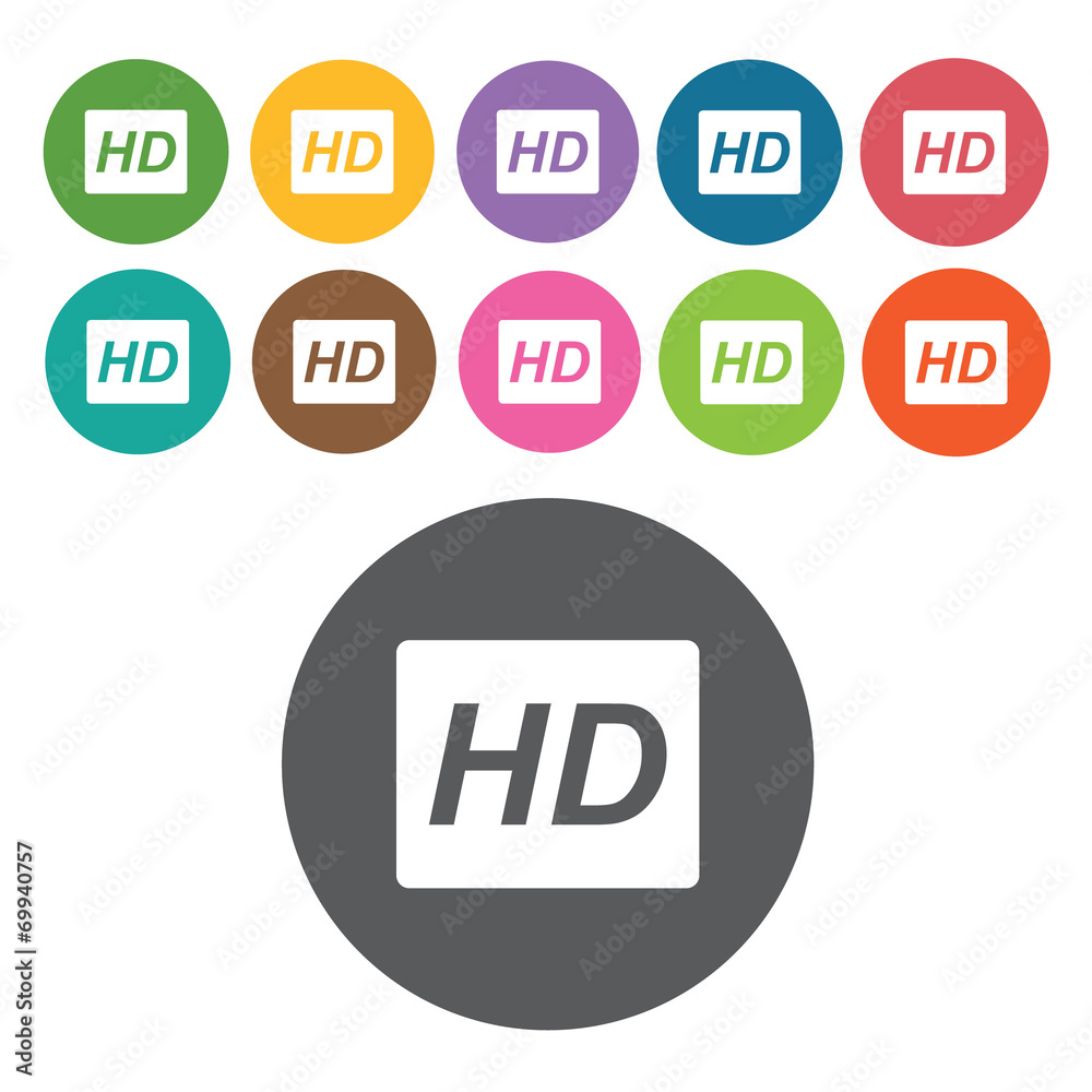 Hd sign icon symbol set. Video interface set. Round colourful 12 Hd sign icon symbol set. Video interface set. Round colourful 12