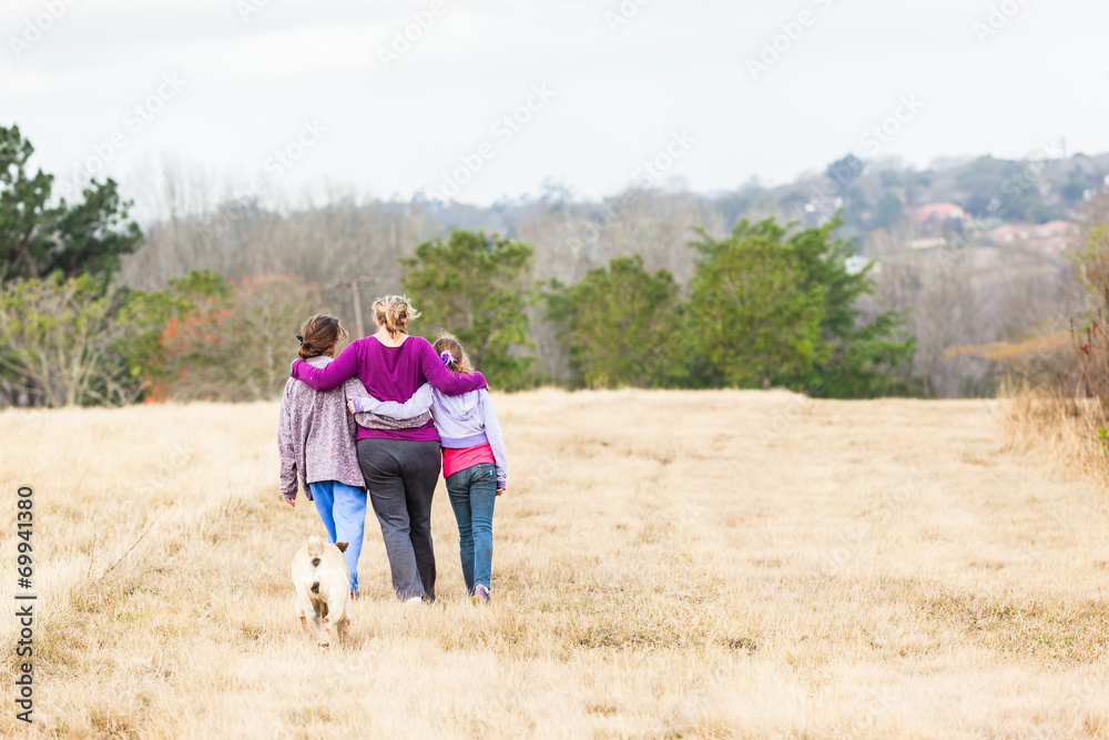 Family Girls Walking Hugging Outdoors Landscape