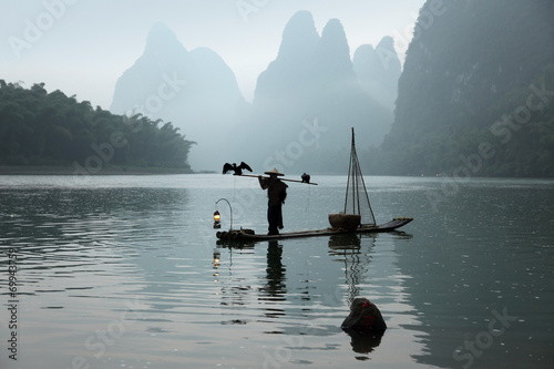 Chinese man fishing with cormorants birds