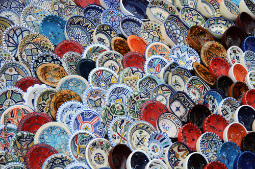 multicolor sovenir earthenware in tunisian market, Sidi Bou Said photo