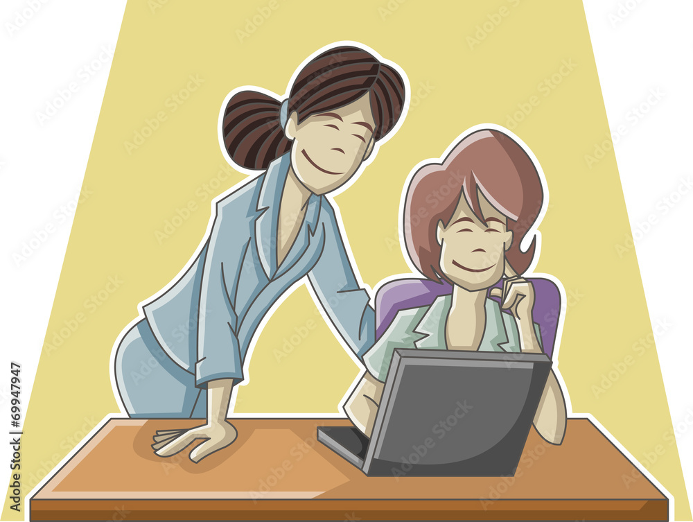 Cartoon business woman working on office computer Cartoon business woman working on office computer