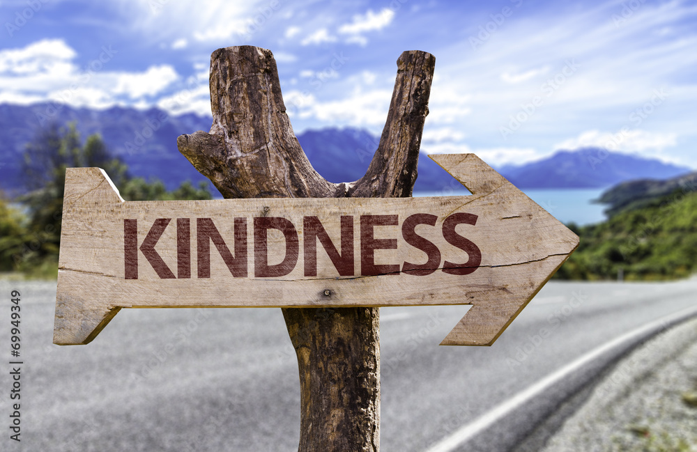 Kindness wooden sign with a road background