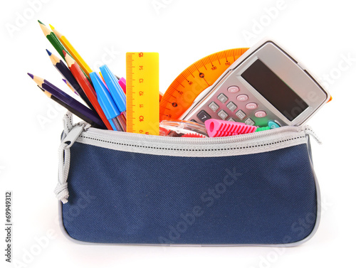 Konstfotografi Bag with school tools on a white background.