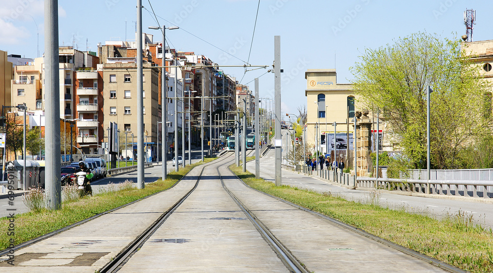 Vías del tranvía en Collblanc, Barcelona