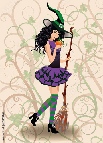 Cute witch and pumpkin, halloween card. vector