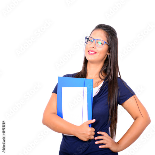 Portrait of smiling student with paper folder isolated on white
