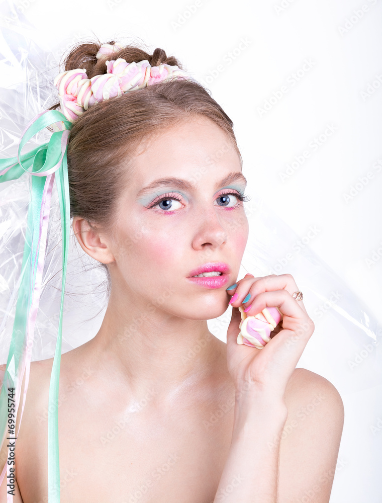 Young woman with marshmallow makeup style beauty fantasy. Young woman with marshmallow makeup style beauty fantasy.