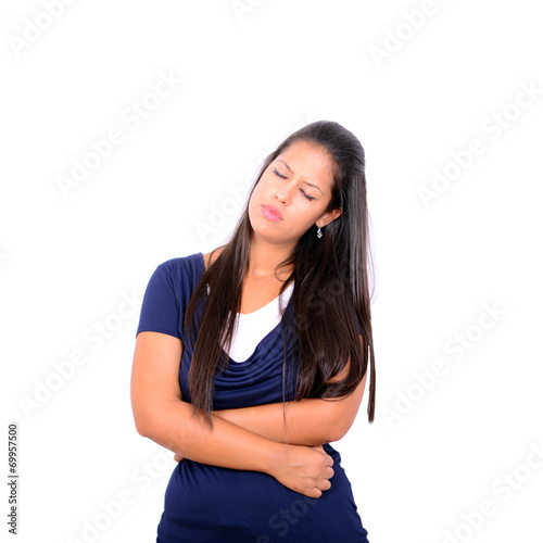Young woman with stomach pains in studio with white background © irishmaster