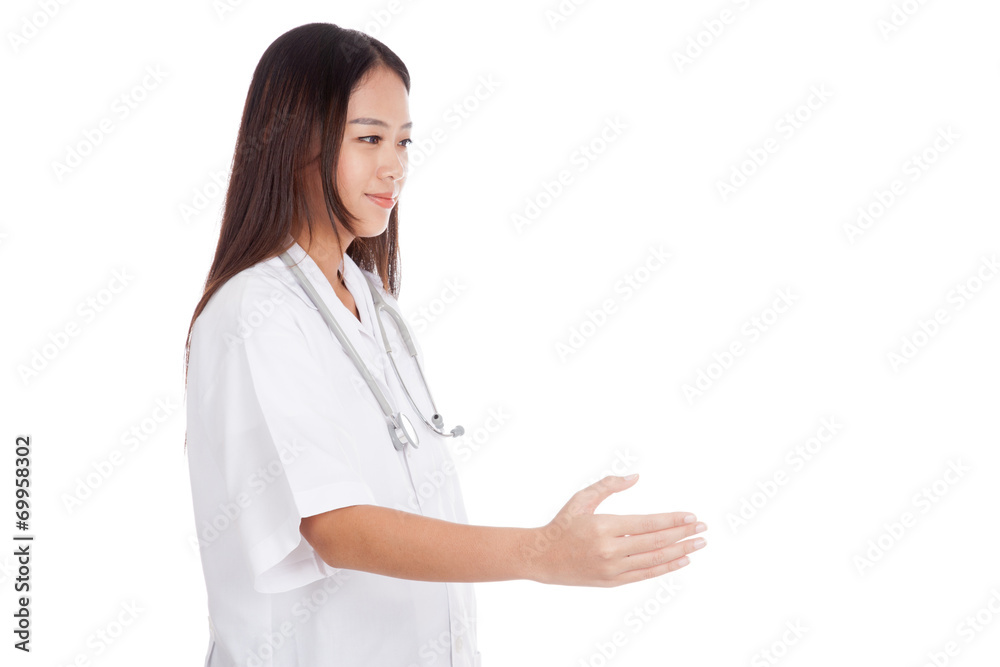 Young Asian female doctor greeting shaking hand Young Asian female doctor greeting shaking hand