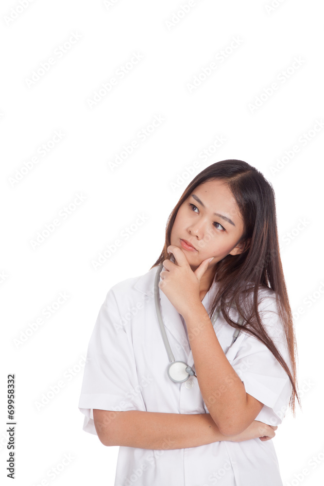 Young Asian female doctor thinking hand on chin Young Asian female doctor thinking hand on chin