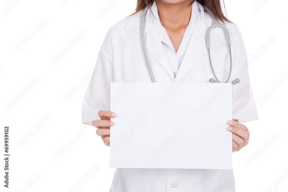 Young Asian female doctor show blank paper Young Asian female doctor show blank paper