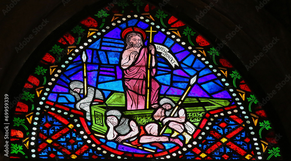 Jesus rising from his grave - stained glass