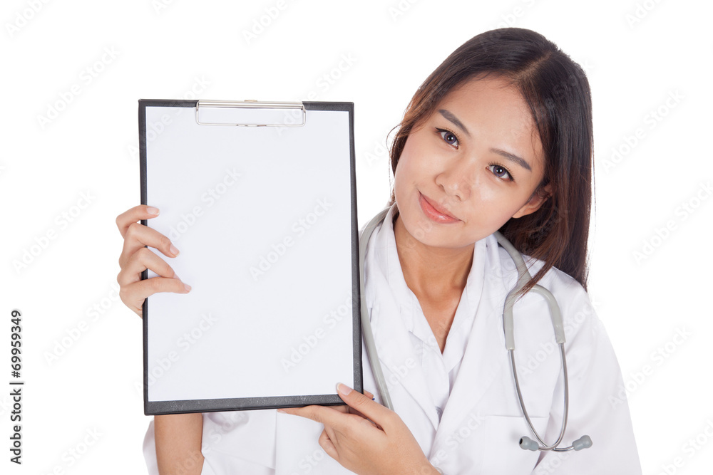 Young Asian female doctor show a blank clipboard Young Asian female doctor show a blank clipboard