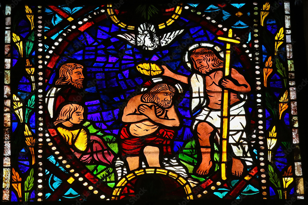 Baptism of Jesus by Saint John - stained glass in Leon - obrazy, fototapety, plakaty 