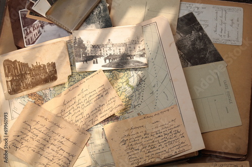 Old postcards, letters and atlas.